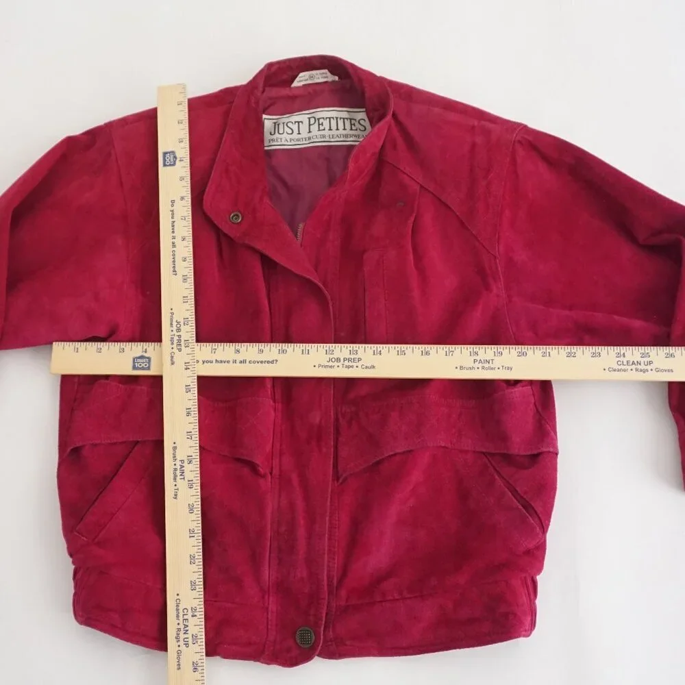 Vintage Just Petites Red Suede Leather Zip Jacket Minimalist Classic Cropped L - Picture 3 of 15